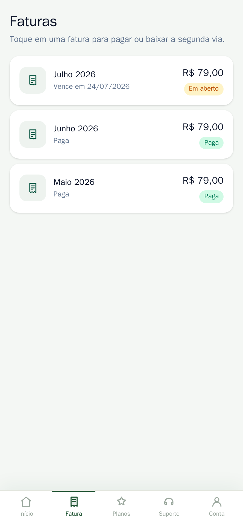 Faturas no app do cliente