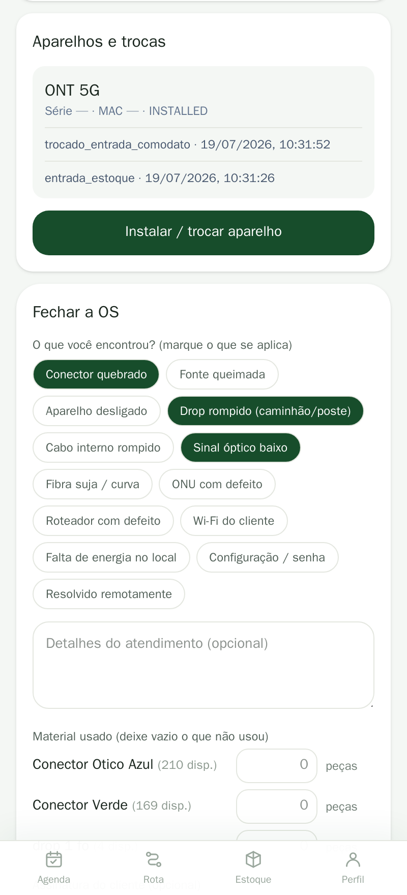 OS com checklist de diagnóstico no app do técnico