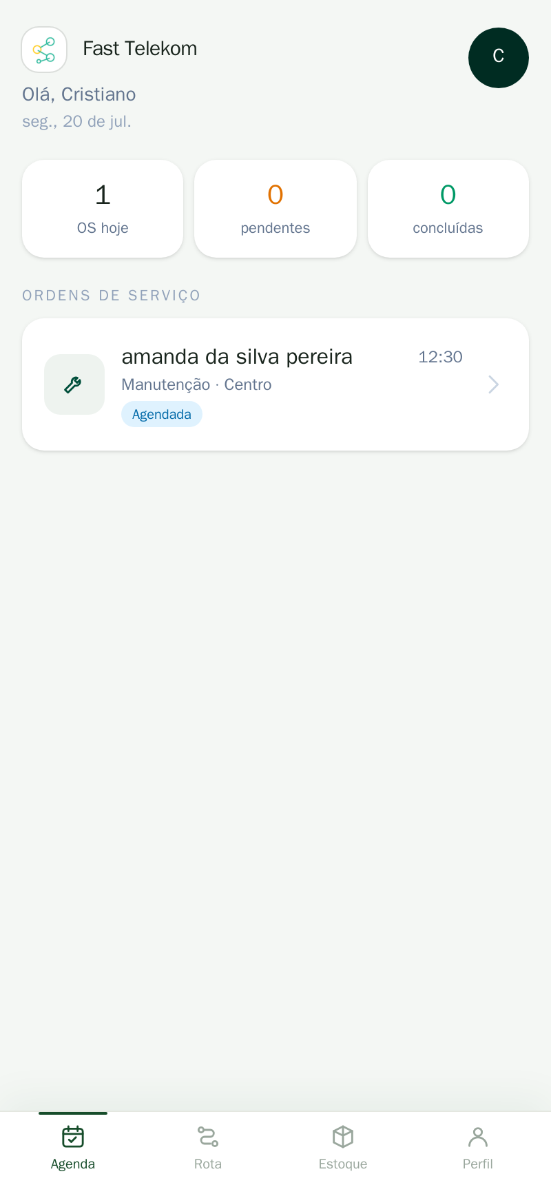 Agenda do dia no app do técnico